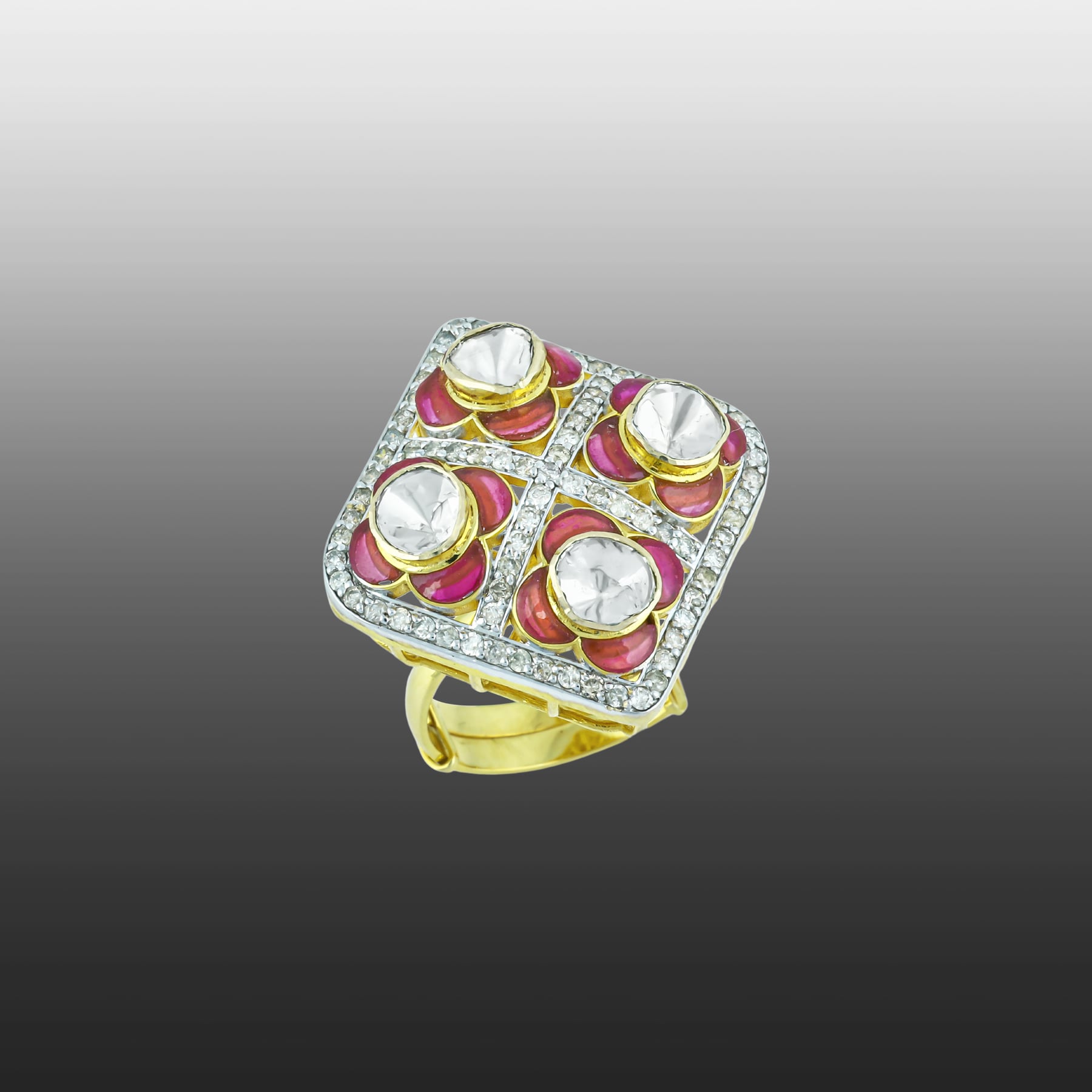 Square Polki Ring with Pink Enamel and Diamond Border